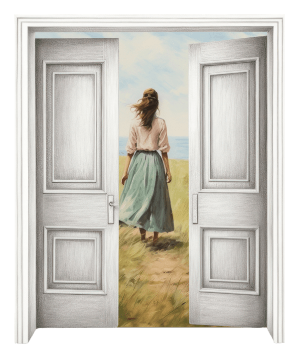 Femme sortant dans les champs-Vue sur portes ouvertes.