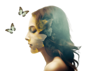 Femme entourée de papillons.