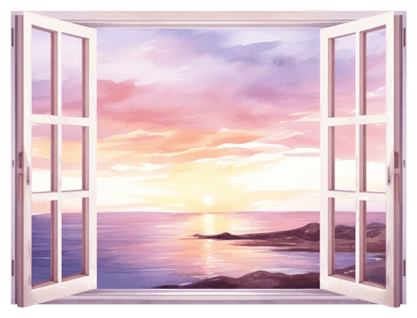 Fenêtres ouvertes avec vue sur l'océan au coucher du soleil.