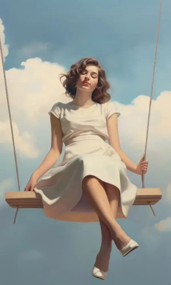 Femme se balançant sur une balançoire dans les nuages.